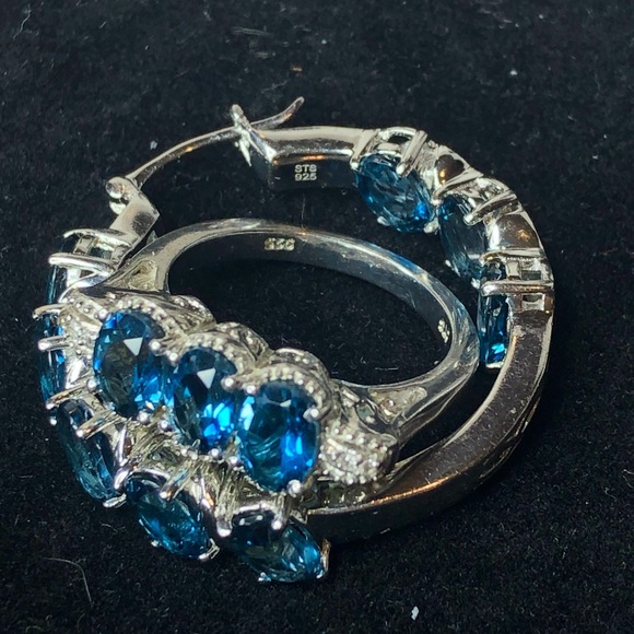 Blue Spinel Hoop Earrings & Ring Set Sz 8 Electroplated Rhodium Sterling Silver - Picture 11 of 17